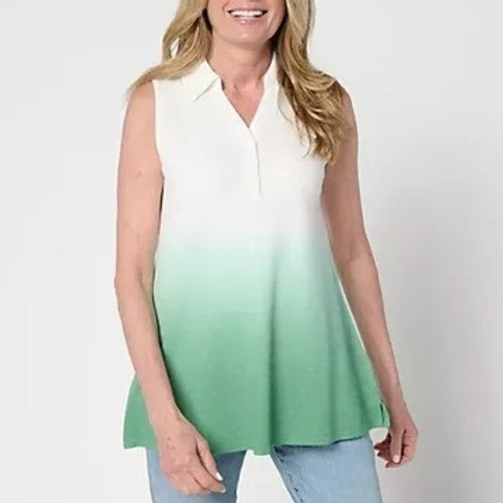 Denim & Co‎ Small Juniper Green Slub Jersey Dip Dye Split Neck Polo Tank A693908